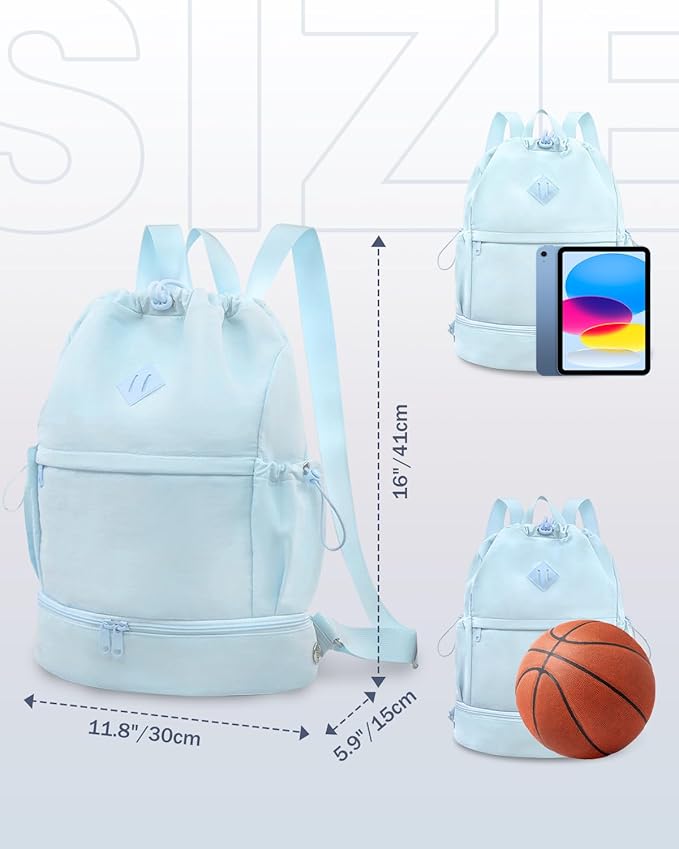 Drawstring Backpack Sports Gym Bag with Shoe Compartment and Wet Pocket String Swim Bag for Women Men Beach Backpack, Blue