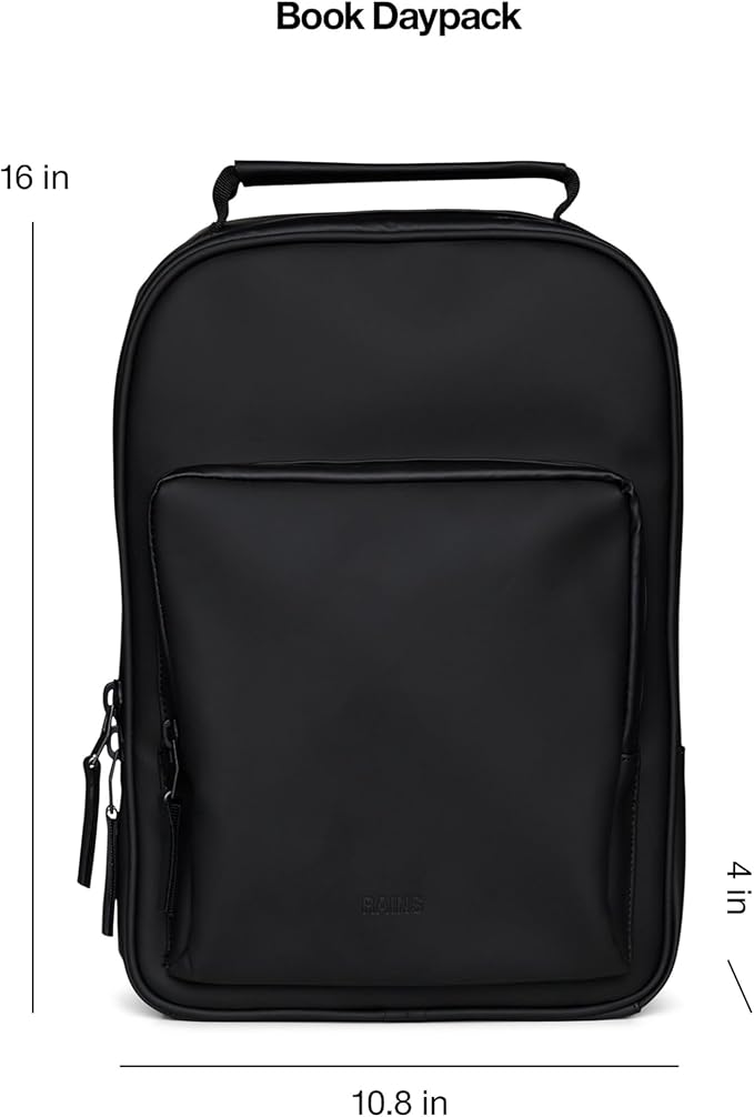 RAINS Book Daypack Regular Black Laptop Backpack for Men and Women, Waterproof Black Minimalist Commuter Bag with 15”-16"