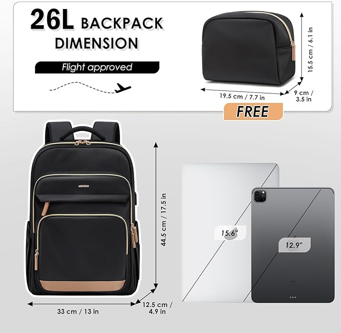 Laptop Backpack for Women,Travel Backpack with Laptop Compartment,Casual Daypack College Bookbag Computer Backpack for Work with Small Organizer Bag,Black
