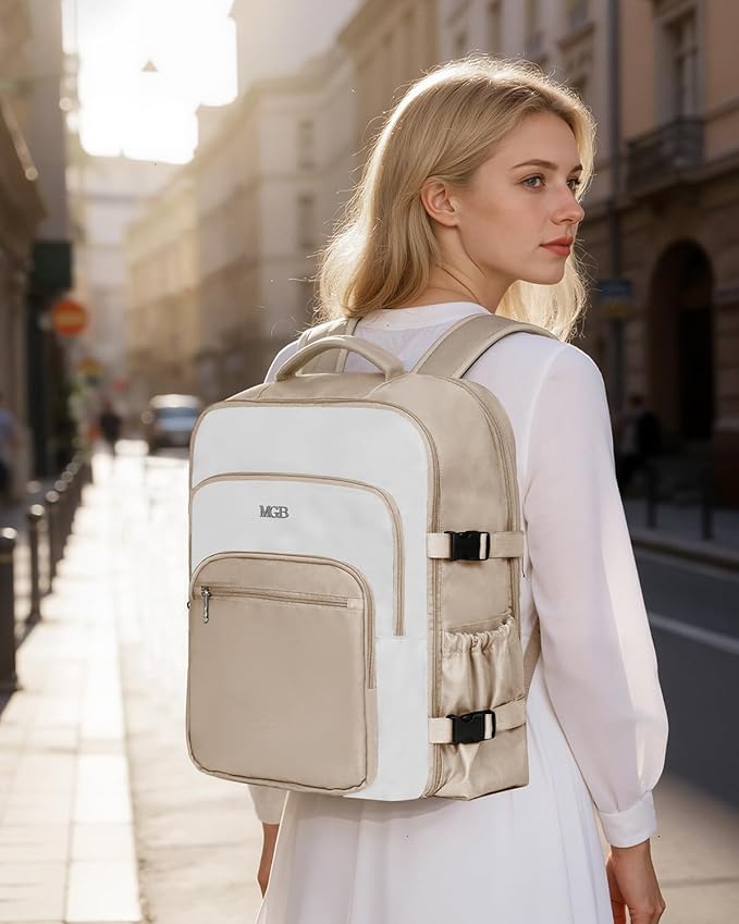 Travel Backpack for Women & Men, Large Carry On Personal Item Bag Airline Approved, Waterproof Traveling Overnight Bags, Gifts Laptop Backpack for Travelers College-Students Commuters (Beige/White)
