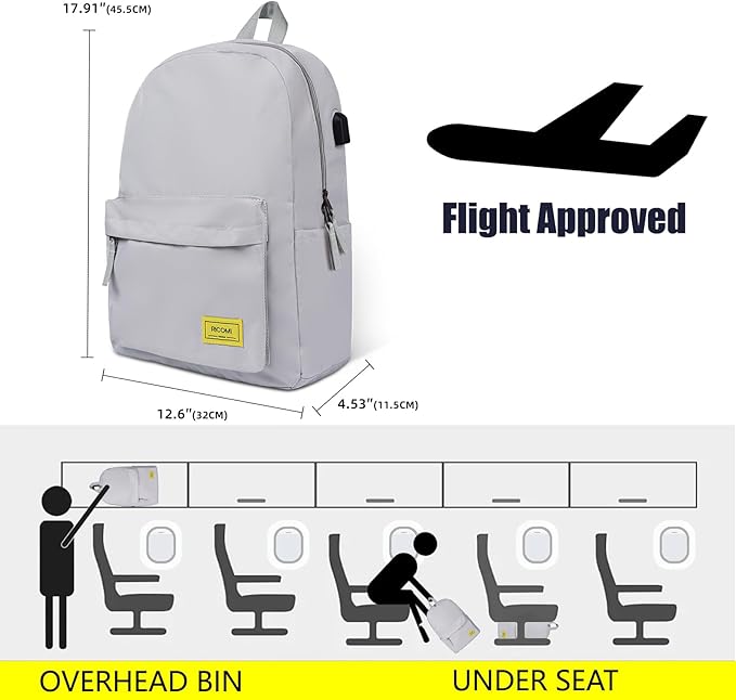 Premium Lightweight Laptop Backpack with USB Charging Port, Durable College School Bookbag, 2 Built-in Organizers, Padded 15.6-inch Laptop/Notebook Sleeve, Slim Water Resistant Bag, Beige Grey