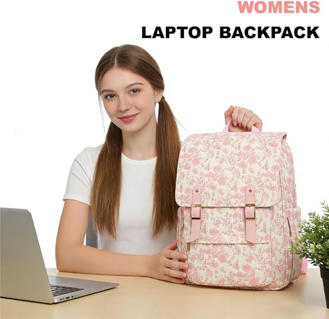 Women Laptop Backpack, Corduroy 15.6" Travel Backpack for Work College Business, Teacher Nurse Bag with Large Capacity School Bookbag Bags for Girls - Flowers Pink
