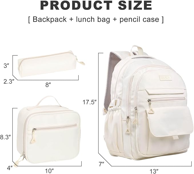 Phaoullzon Teen Girls School Backpack with Lunch Box for Boys, College Aesthetic Laptop Bookbag for Women,Beige