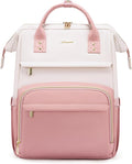 LOVEVOOK Leather Backpack for Women,17 inch Leather Laptop Backpack Women,Professional Work Backpack Nurse College Teacher Bag,Womens Laptop Tote Bag Computer Travel Backpack Purse,Beige White-Pink