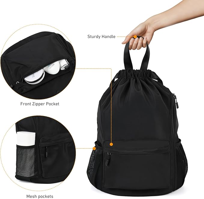 Valleycomfy Waterproof Drawstring Gym Backpack Bag for Men & Women,Sports Gym Bag with Side Pocket Black