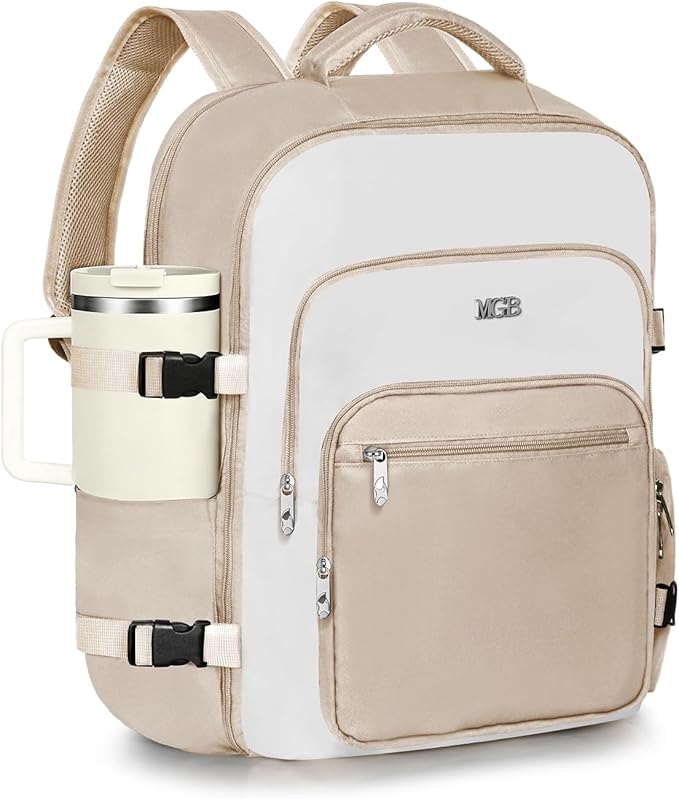 Travel Backpack for Women & Men, Large Carry On Personal Item Bag Airline Approved, Waterproof Traveling Overnight Bags, Gifts Laptop Backpack for Travelers College-Students Commuters (Beige/White)