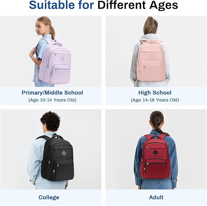 School Backpack for Girls, Lightweight Kids Bookbag Classic College Backpack for Teen Women with Luggage Strap, Age 8-18 Years Old, Pink