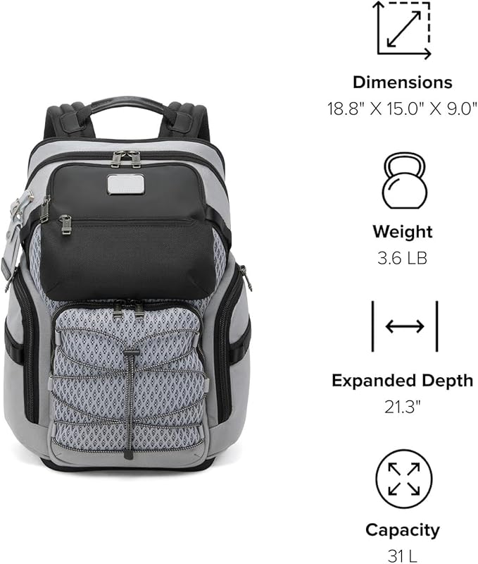 TUMI - Alpha Bravo Nomadic Backpack - Men's Durable Carry On Bag - 18.8" X 15.0" X 9.0" - Fits up to 15" Laptop - Pearl Grey Mesh