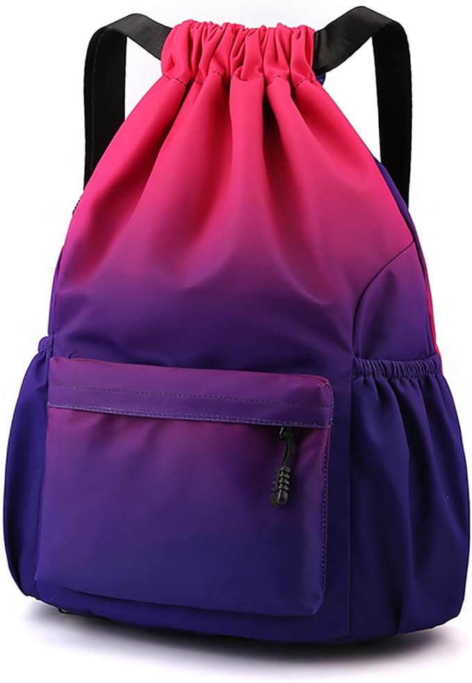 Drawstring Backpack for Women Drawstring Gym Bag Water Resistant Small Cinch Sack Pull String Backpack Bag (Red-Blue)