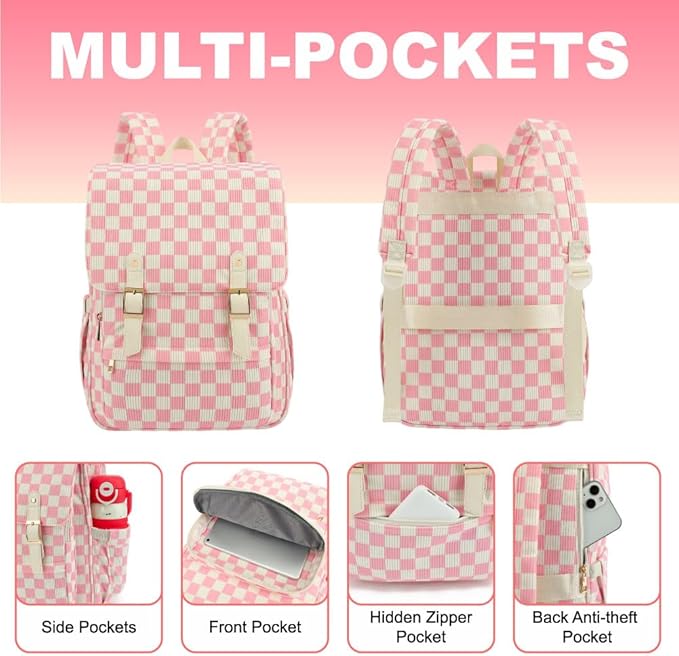 Women Laptop Backpack, Corduroy 15.6" Travel Backpack for Work College Business, Teacher Nurse Bag with Large Capacity School Bookbag Bags for Girls - Checkered Pink