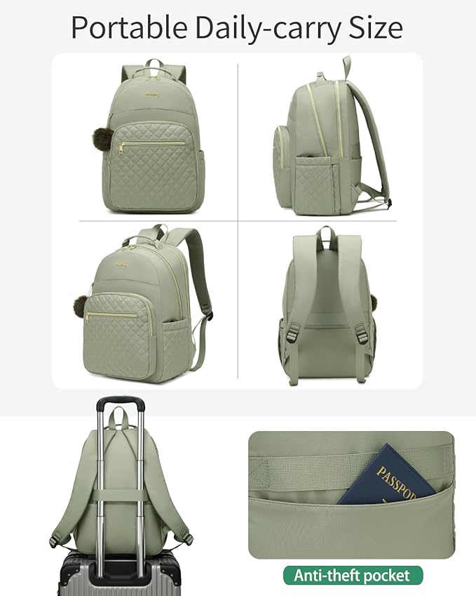 School Backpack for Teen Girls, Cute Laptop Backpack Purse with Charging Hole for Women Work Travel Commute University College Bookbag, Green