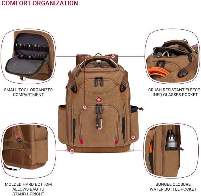 SwissGear Tool Bag Backpack, Fits Up to 17-Inch Laptop, Work Pack PRO, Brown Canvas