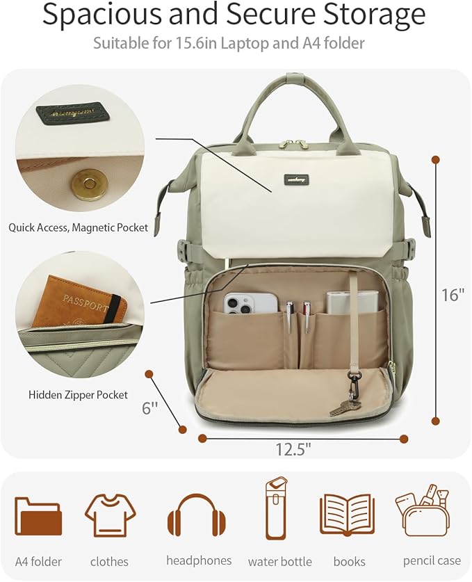 Laptop Backpack for Women, College Bookbag School Backpack for High School Teen Girls, Work Bags with Cup Holder & USB Charger for Teacher Nurse Travel, Beige Green