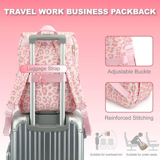Women Laptop Backpack, Corduroy 15.6" Travel Backpack for Work College Business, Teacher Nurse Bag with Large Capacity School Bookbag Bags for Girls - Leopard Pink