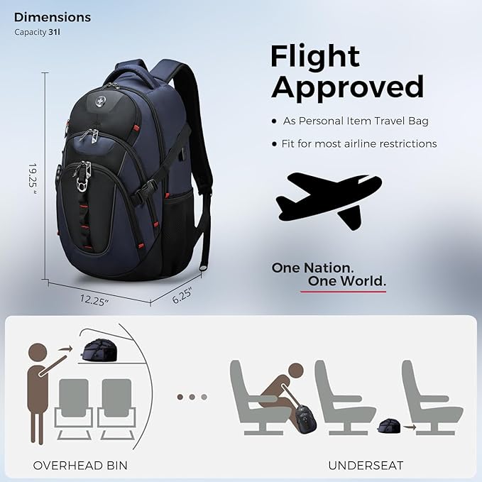 Swissdigital Design Laptop Backpack with USB Charging Port, Travel Backpack Fits 15.6 inches Computer, 31L College School Backpack for Men, Blue/Black | SD803-12 | Water Repellent