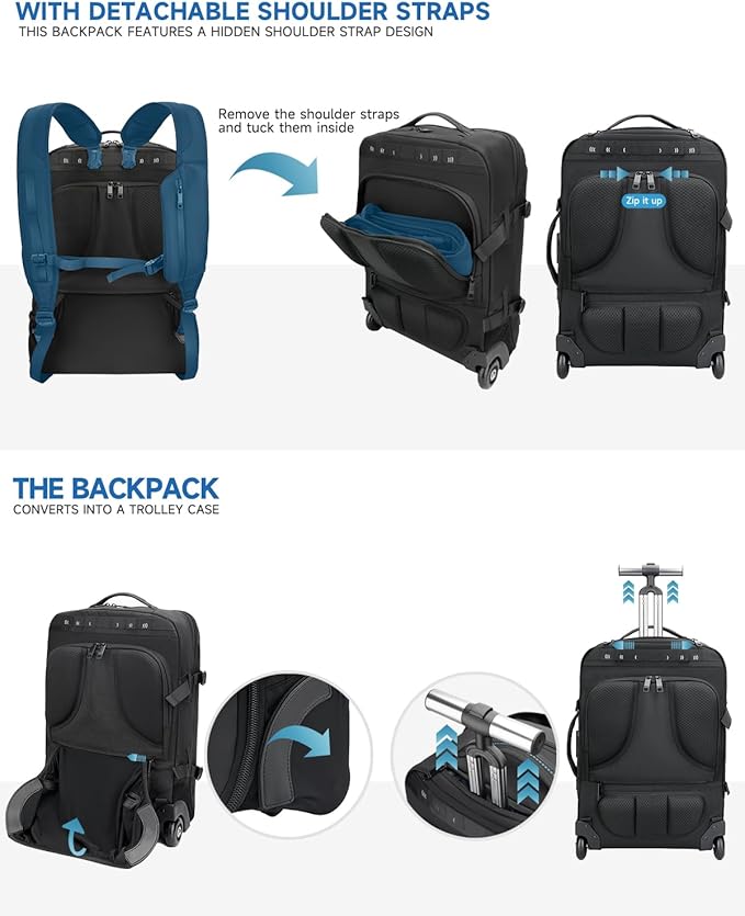 Backpack with wheels,Rolling laptop backpack with 2 Packing Cubes,Water-Resistant,Carry-On Luggage Suitcase for Men Adults to Travel, Commuting,Black