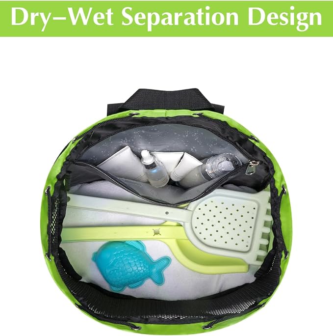 Drawstring Backpack Sandproof Beach Backpack with Shoe Compartment & Wet Pocket Waterproof Mesh Swim Bag Pool Bag for Gym, Travel and Workout Gear (Mint Green)