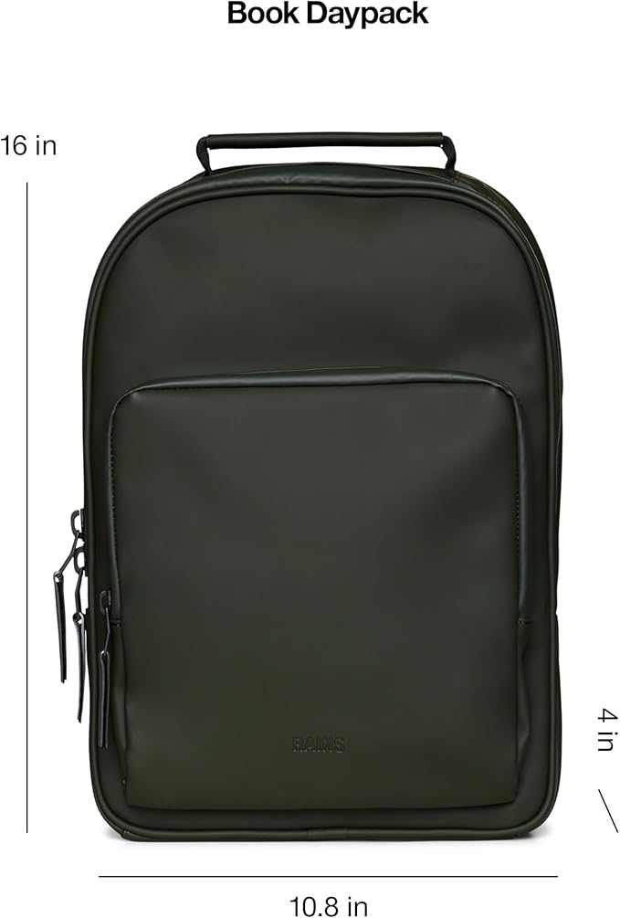RAINS Book Daypack Regular Green Laptop Backpack for Men and Women, Waterproof Black Minimalist Commuter Bag with 15”-16"