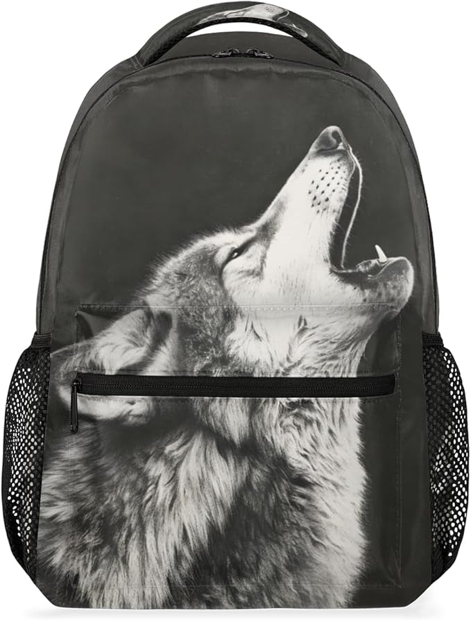 Pardick Howling Moon Wolf Backpacks for Boys Girls Kids Grey Wolf Lightweight 16 Inch School Backpack Laptop College Bookbag Travel Casual Daypack Hiking Camping Computer Rucksack Medium