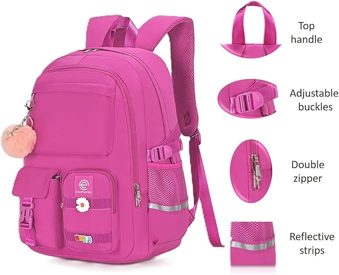 School Backpack for Girls & Women, Bookbag for Middle School & College, Large Travel Daypack for Laptop (Fuchsia)