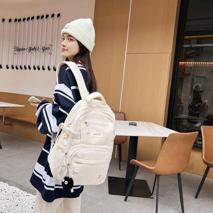 Cute Backpack Aesthetic Backpack for Girls School Casual Daypack Middle Student Travel College Backpack for Kids Large Capacity Travel(White)