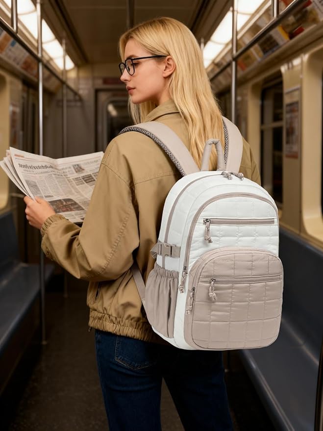 Laptop Backpack for Women, College Bookbag with Tumbler Holder Pocket for Nurse Teacher Work Travel, Quilted Puffer High School Backpack for Girls Big Student, White Camle