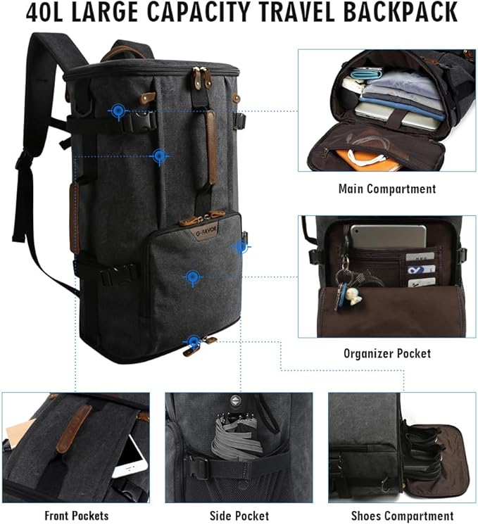 G-FAVOR 40L Travel Backpack, Vintage Canvas Rucksack Convertible Duffel Bag Carry On Backpack Fit for 17.3 Inch Laptop Bag