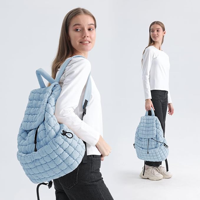 VAKAER Puffer Backpack for Women Lightweight Quilted Hiker Pack Drawstring Padding Backpacks for Travel Gym (Light Blue)