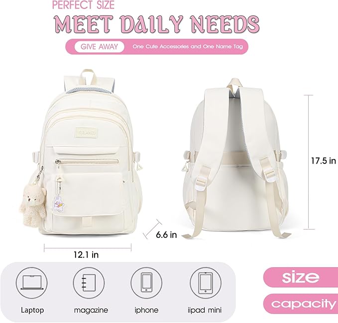 Girls Backpack for College High Middle School Student, Cute Aesthetic Bookbag for Teens Women with Accessories,Grey
