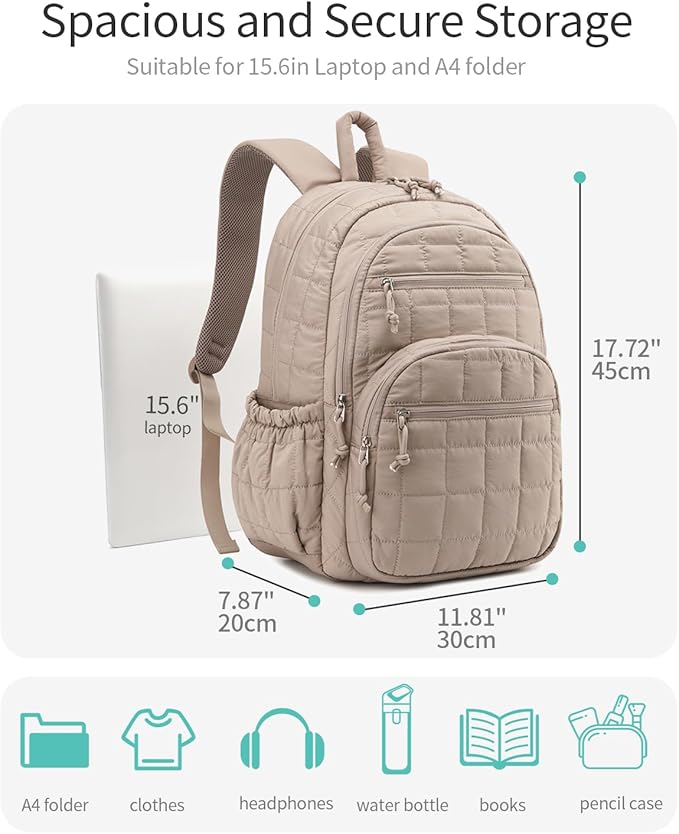 Bookbag for Women, Teen Girls Backpack for High School College Student, Puffer Quilted Back Pack Cute Laptop Backpack for Work Travel Mom Casual Daypack, Camel