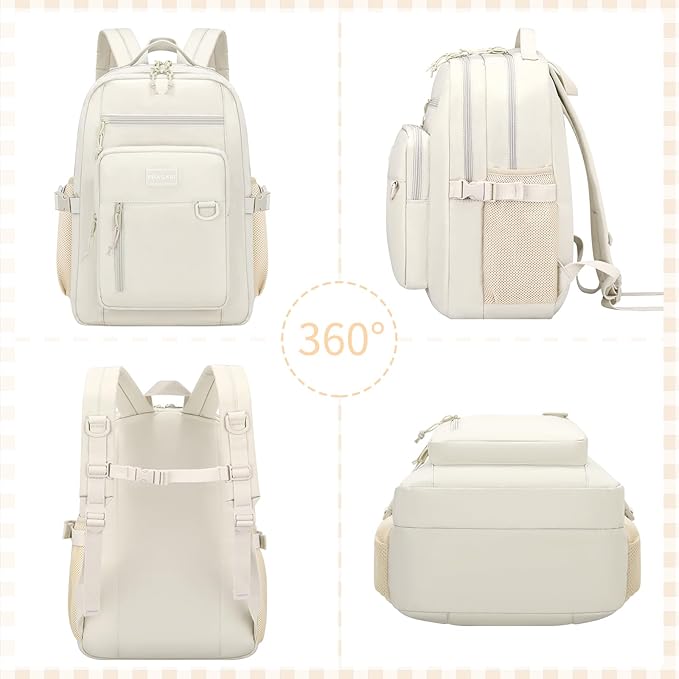 Kids Backpack for School Cute Aesthetic Beige Backpack Girls Student Bookbag Women Travel Lightweight Book Bag