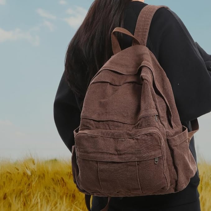 Coffee Brown Canvas Backpack for Women & Men Retro Aesthetic Rucksack Basic Backpack for High School/College Students Travel Laptop Bag