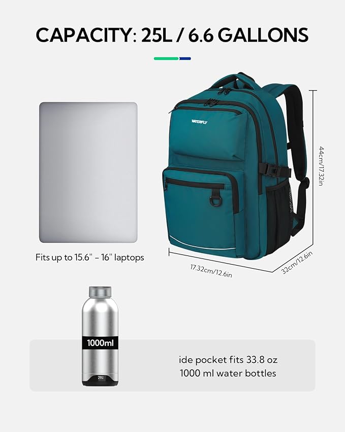 WATERFLY Travel Laptop School Backpack: Big Student College Middle School Bookbag for Women Men, Work Casual Daypack with 15.6" Computer Compartment, Anti Theft Water Resistant Commuter Bag