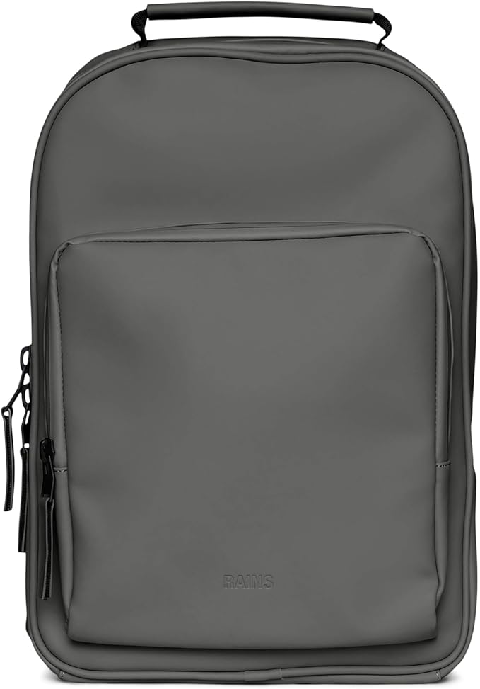 RAINS Book Daypack Regular Grey Laptop Backpack for Men and Women, Waterproof Black Minimalist Commuter Bag with 15”-16"