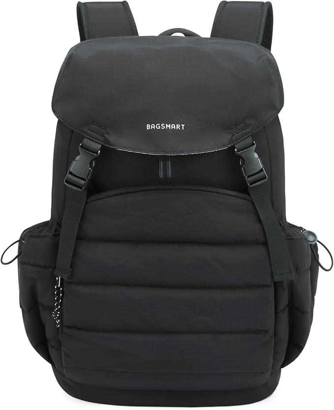 BAGSMART College Laptop Backpack, Large Opening Travel Backpack for Women, Outdoor Backpack for 15.6 Inch Laptop, Black