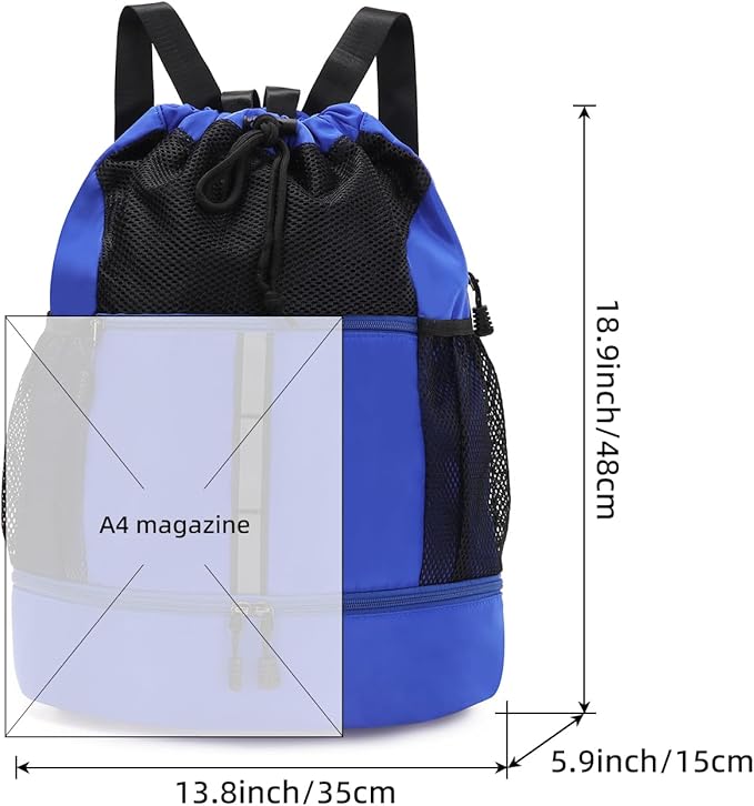 Valleycomfy Drawstring Gym Bag Sports Backpack With Shoe Compartment and Reflective Strips Royal Blue