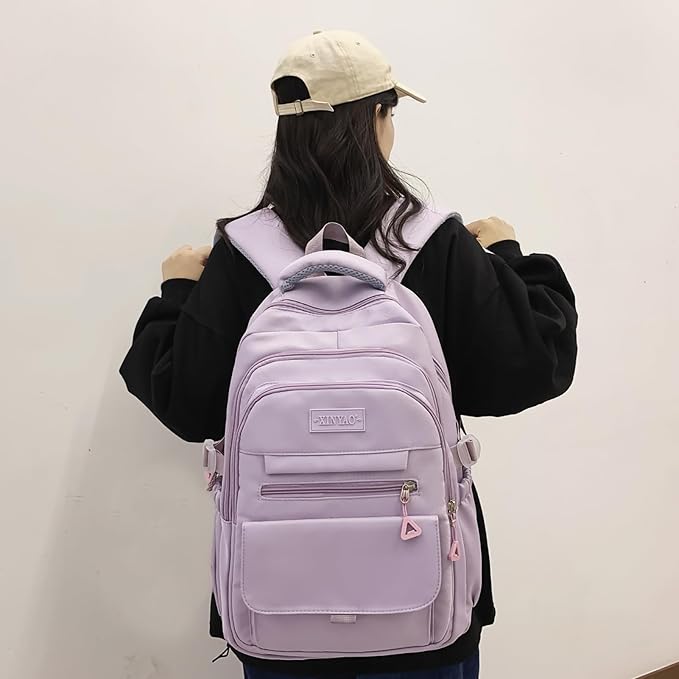 Girls Backpack for College High Middle School Student, Cute Aesthetic Bookbag for Teens Women with Accessories，Purple