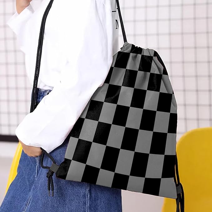 Drawstring Backpack Draw String Bag Waterproof for Sports Gym Beach Travel Cute Aesthetic Sackpack Men Women (13"×17")-Black Gray Checkered