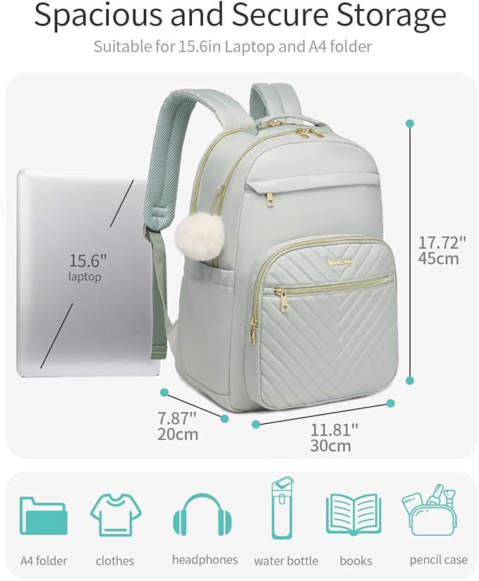 Laptop Backpack Women Bookbag, Teen Girls Backpack for Middle High School College Students, Teacher Work Bag Back Pack Travel, Green