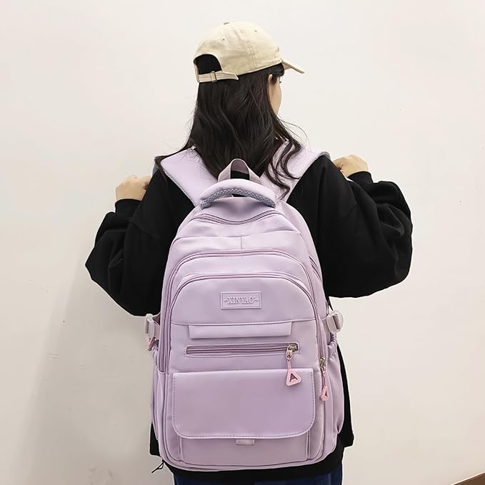 Girls Backpack for College High Middle School Student, Cute Aesthetic Bookbag for Teens Women with Accessories，Purple