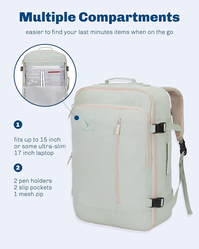 Hynes Eagle Carry on Backpack 38L Large Travel Backpack for Women Flight Approved Weekender Bag Laptop Backpack Men 15 inches Mint Green
