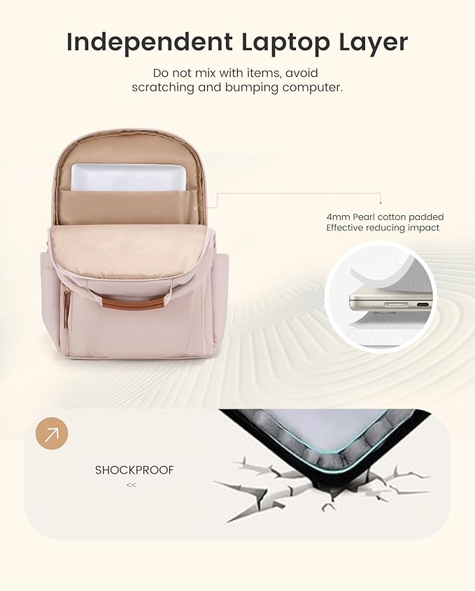 LOVEVOOK Laptop Backpack for Women with Leather Trim & Tumbler Pockets, 17.3" Work Backpack Purse, Travel Personal Item Bag, Carry On Business Computer Bag for Office, School, or Gift, Apricot Brown