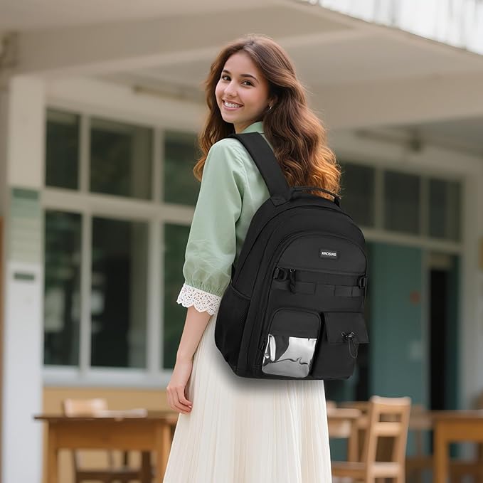 Black Backpack for Women Men, High School Bookbag for Teen Boys and Girls 15.6 Inch Laptop Bag with USB Charger for College Travel Business