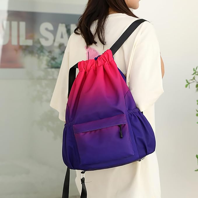 Drawstring Backpack for Women Drawstring Gym Bag Water Resistant Small Cinch Sack Pull String Backpack Bag (Red-Blue)