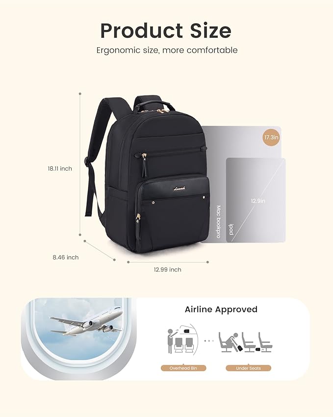 LOVEVOOK Laptop Backpack for Women with Leather Trim & Tumbler Pockets, 17.3" Work Backpack Purse, Travel Personal Item Bag, Carry On Business Computer Bag for Office, School, or Gift, Black