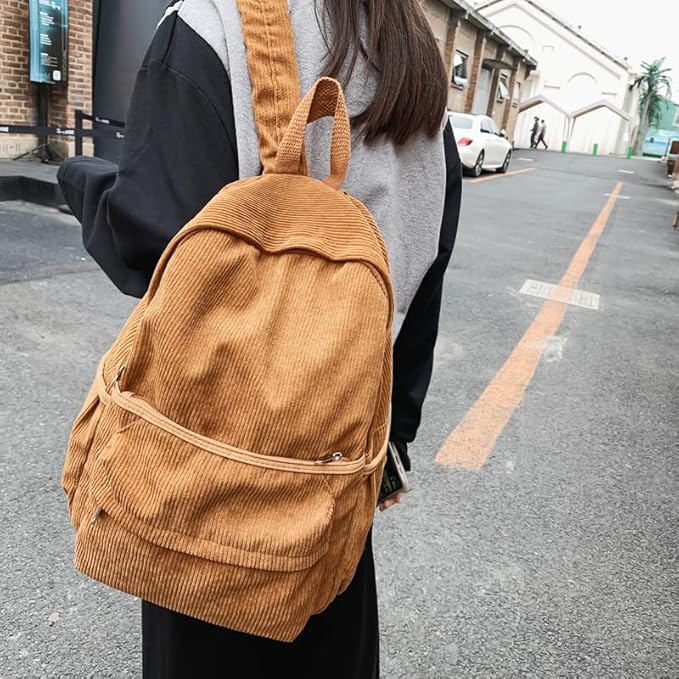 Aesthetic Backpack Cute Backpack Corduroy Backpack School Supplies Laptop Bag for Teens Girls Women Students Solid Color(Brown)