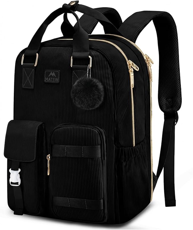 MATEIN Cute Laptop Backpack for Women, 15.6 Inch Corduroy Computer College Backpack, TSA Lightweight Aesthetic Back Pack Travel Laptop Daypack for Work Nurse Teacher Gift, Black
