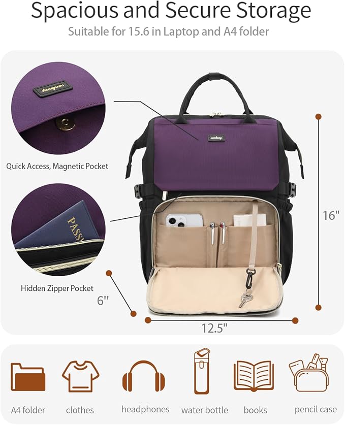 Computer Backpack for Women, Work Bag Laptop Bookbag with Cup Holder & USB Charger for Teacher Nurse College Travel Back Pack, Gifts, Black DarkPurple
