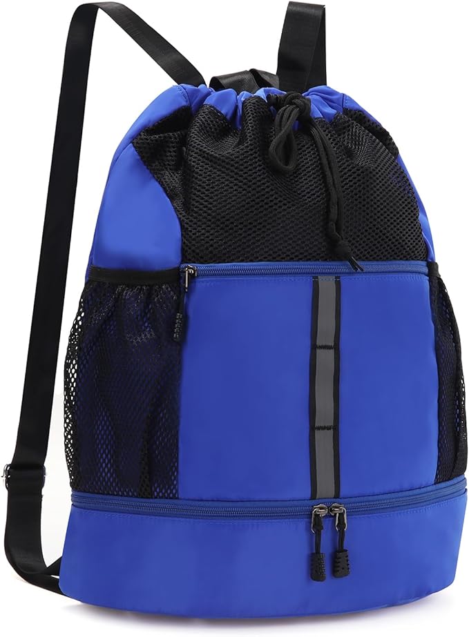 Valleycomfy Drawstring Gym Bag Sports Backpack With Shoe Compartment and Reflective Strips Royal Blue