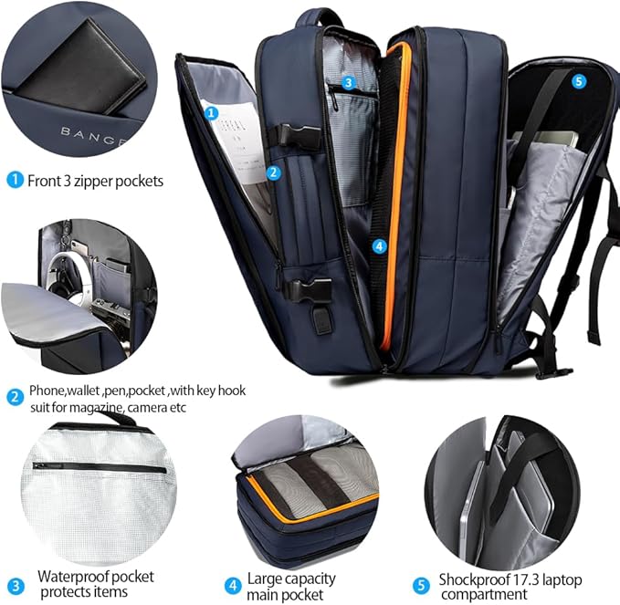 BANGE 45L Travel Backpack, Expandable Backpacks,Traveling Business Backpack For 17.3” Laptop,Airport Suitcase Backpack For Men